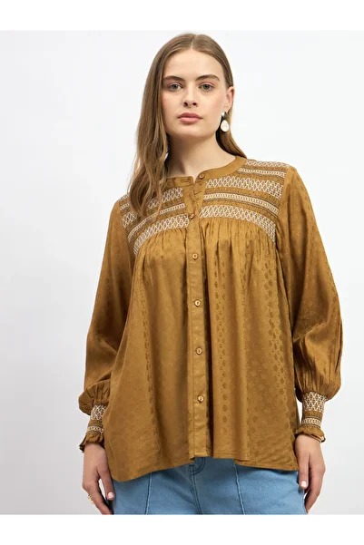 Styli Embroidered Balloon Sleeve Smocked Detail Top
