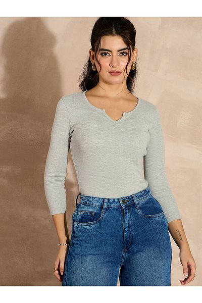 Sassafras By Styli Ribbed Notch Neck Long Sleeve Top