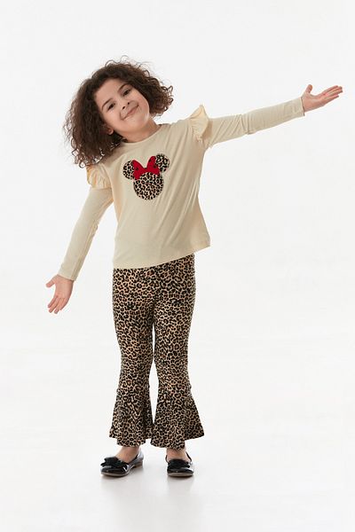 Fulla Moda Leopard Patterned Character Embroidered Girl's Flare Suit