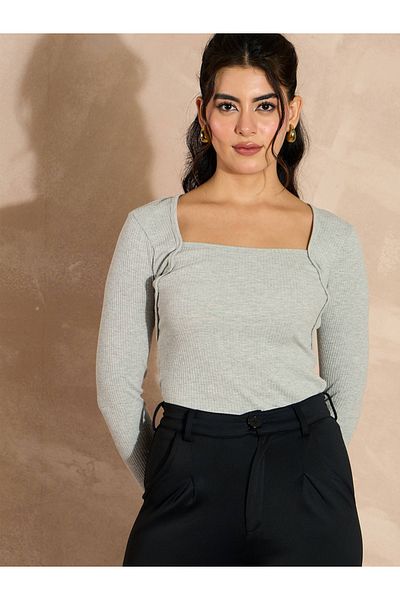 Sassafras By Styli Ribbed Square Neck Long Sleeves Top