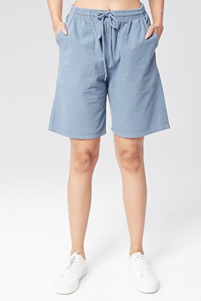 MONAHA Women's Light Blue Loose Cut Cotton Shorts - Linen, Elastic Waist, High Waist Monaha