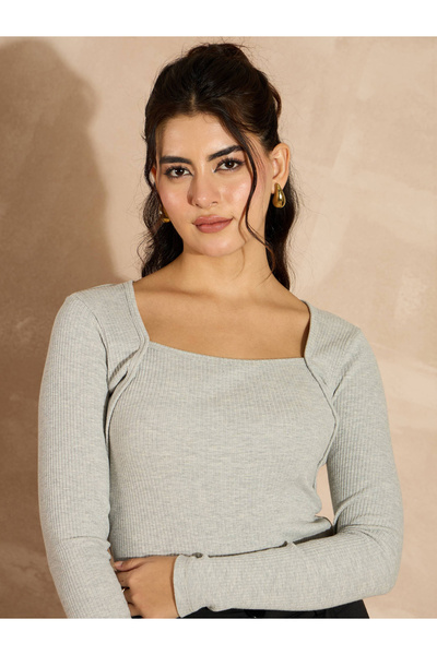 Sassafras By Styli Ribbed Square Neck Long Sleeves Top