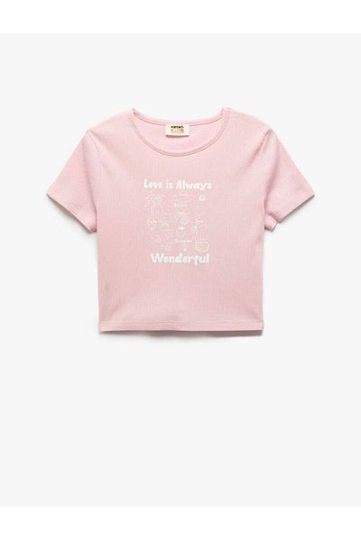 Koton Cotton Printed Crew Neck Short Sleeve Crop Pink Girl's T-Shirt 5Skg10266Ak