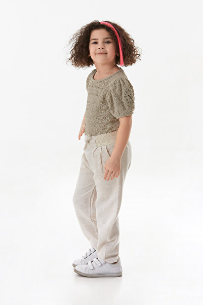 Fulla Moda Beli Lastikli Kız Çocuk Keten Pantolon