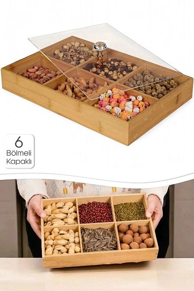 EMR SHOP 6 Compartment Kitchen Organizer Bamboo Snack Bowl Transparent Acrylic Lid Breakfast Presentation Storage Box