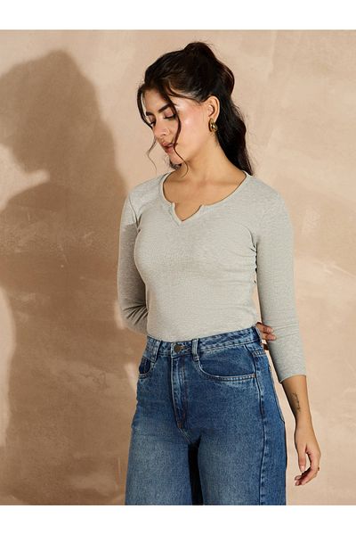 Sassafras By Styli Ribbed Notch Neck Long Sleeve Top