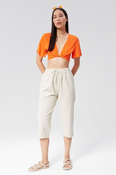 MONAHA Kadın Bej Rahat Kesim Pamuklu Kapri - Keten, Yüksek Bel, Yırtmaçlı Monaha
