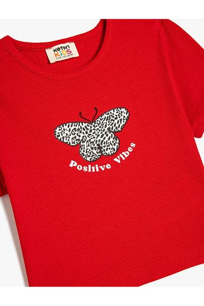 Koton Cotton Butterfly Printed Crew Neck Red Girl's T-Shirt 5Skg10269Ak