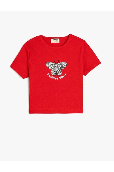 Koton Cotton Butterfly Printed Crew Neck Red Girl's T-Shirt 5Skg10269Ak