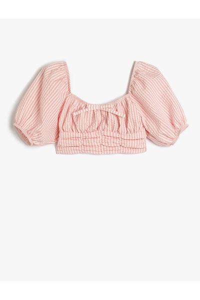 Koton Gimped Balloon Sleeve Crop Pink Μπλούζα για κορίτσια 5skg60043aw