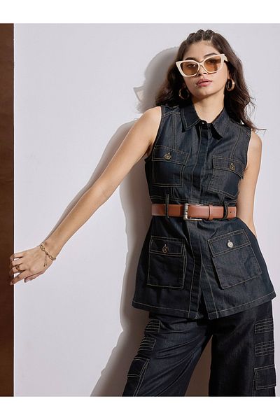 Sassafras By Styli Solid Sleeveless Top with Pocket Detail