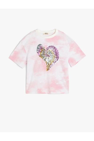 Koton Sequin Sequined Short Sleeve Crew Neck Pink Girl's T-Shirt 5Skg10078Ak