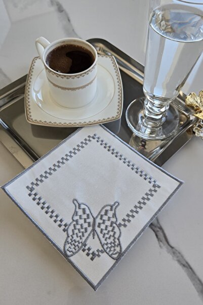 Kitchen Beauty 6 Adet Keten Kumaş Üzeri Nakışlı Kahve Yanı Kokteyl Peçetesi B...