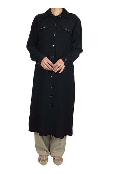 ECE GİYİM Women's Front Metal Buttoned Collar Long Tunic Shirt