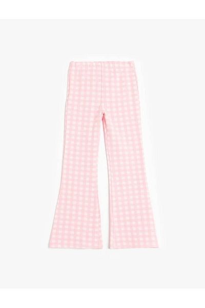 Koton Pink Girls' Trousers - Plaid Patterned Elastic Waist Flared Leg