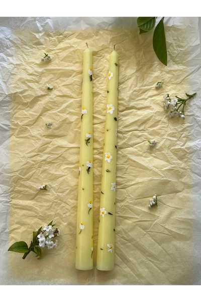 Lights Of Candle 2'li Papatya Desenli El Boyaması Şamdan Mum Seti