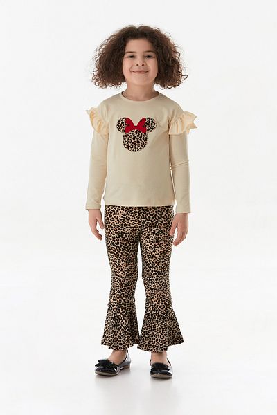 Fulla Moda Leopard Patterned Character Embroidered Girl's Flare Suit