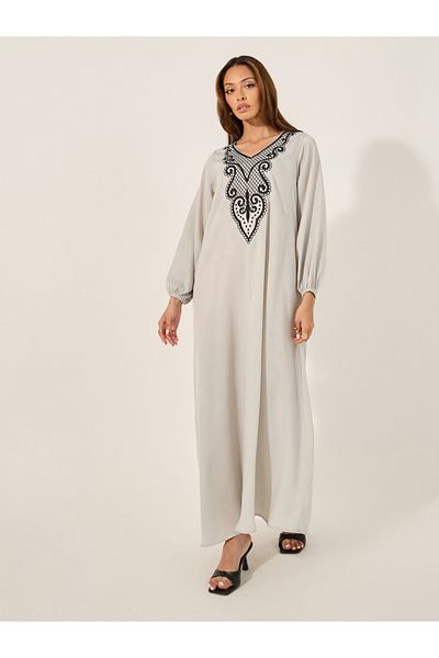 Styli Lace Insert V-Neck A-Line Jalabyia