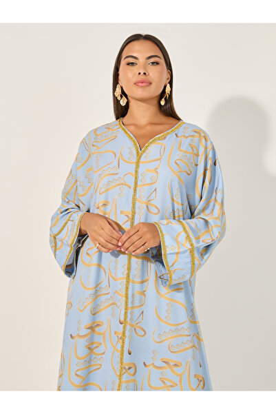 Take Two By Styli Lace Detail Printed V-Neck A-Line Jalabyia