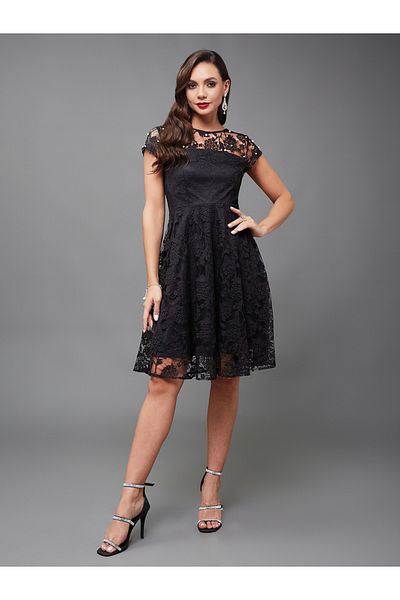 Styli Faux Pearl Embellished Lace A-Line Mini Dress