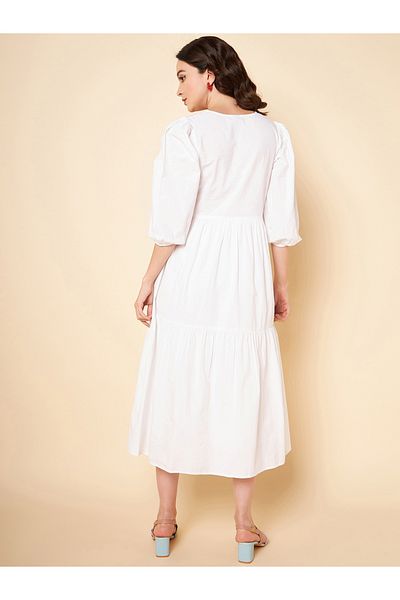 High Star By Styli Puff Sleeve V-Neck A-Line Midi Dress