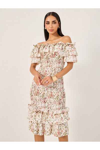 Styli Floral Print Off Shoulder Bodycon Knee-Length Dress