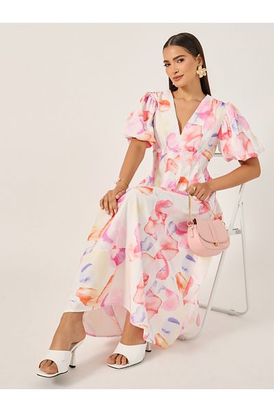 Styli Print Half Sleeves A-Line Maxi Dress