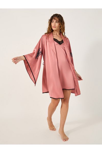 Styli Lace Trim Slip Dress with Robe Set
