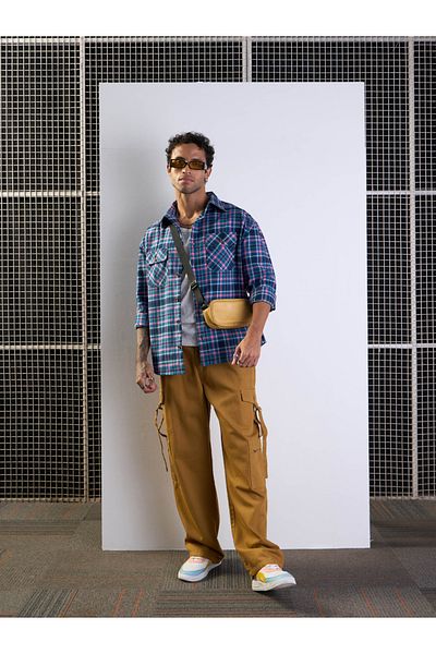 Mascln Sassafras By Styli Blue and Pink Check Flap Pocket Oversize Shirt