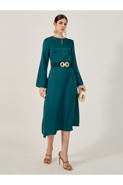 Styli فستان ميدي بفتحة رقبة على شكل حرف A وحزام