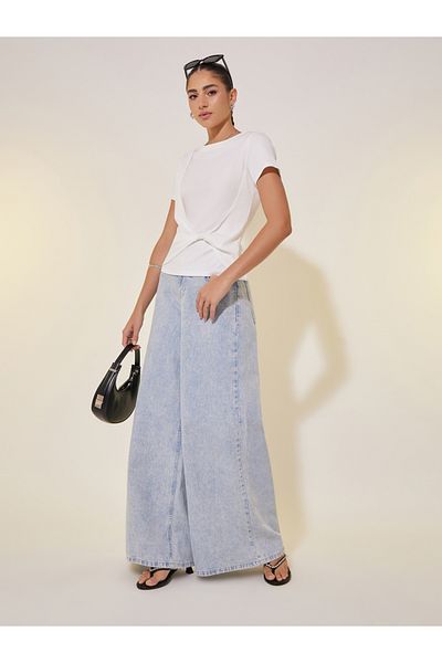 Styli Rib Round Neck Front Plain T-Shirt
