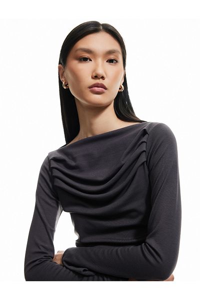 Koton Slim Fit Drape Detailed Asymmetrical Long Sleeve T-Shirt