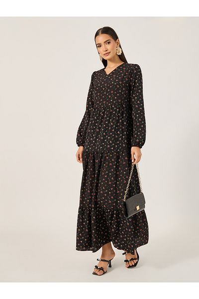 Styli Print Long Sleeves Tiered Maxi Dress