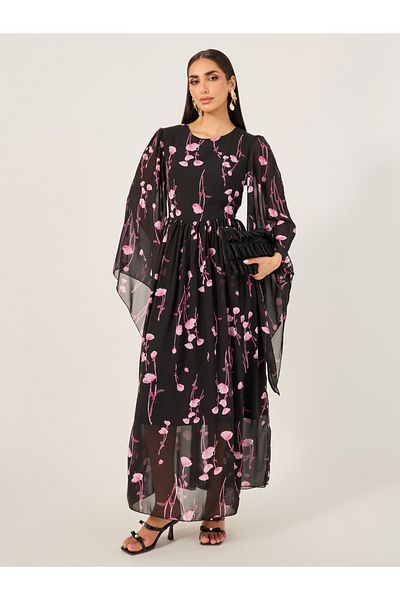Styli Printed Long Sleeve A-Line Maxi Dress