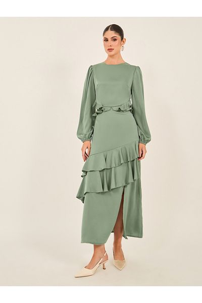Styli Ruffle Detail Balloon Sleeves A-Line Maxi Dress