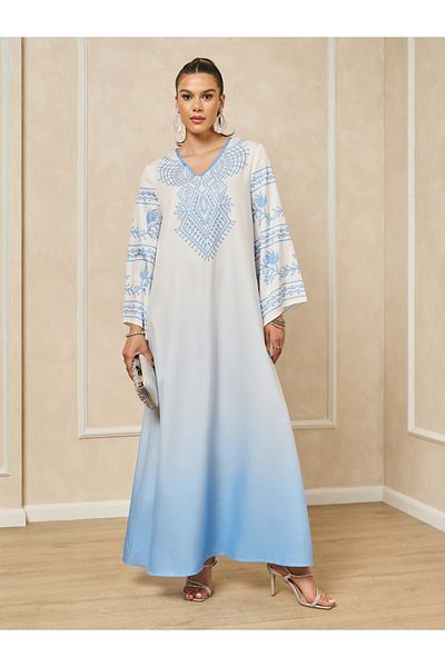 Styli Ombre Print A-Line Jalabiya with Flared Sleeves