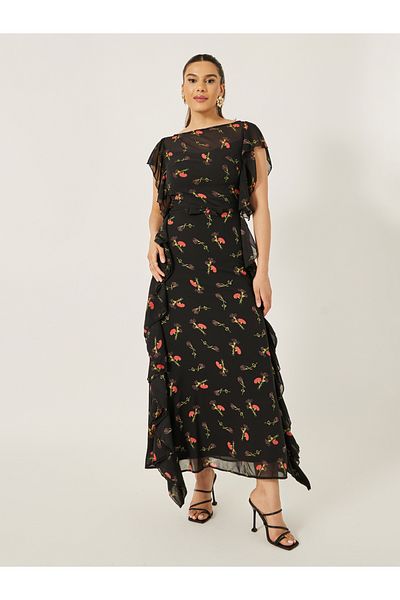 Styli Printed Ruffled Hem Sleeveless Sheath Maxi Dress