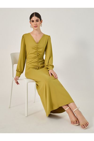 Styli Plain Gathered Detail Long Sleeves A-Line Maxi Dress