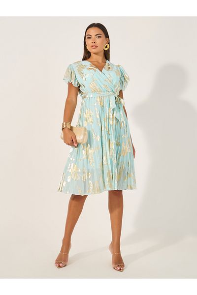 Styli Print Flared Sleeves Pleated Wrap Midi Dress