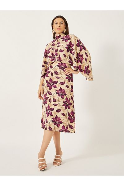 Styli Print Satin Long Sleeves Sheath Midi Dress