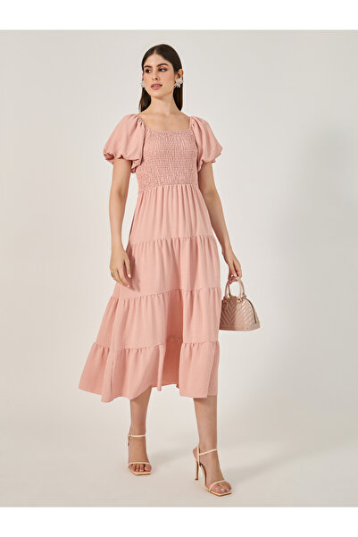 Styli فستان ميدي سادة مكشوف الكتفين متعدد الطبقات