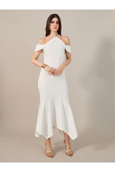 Styli Plain Cold Shoulder Sleeves Mermaid Maxi Dress