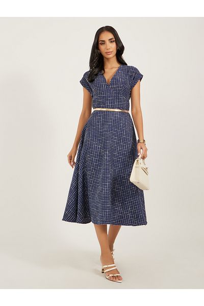 Styli Tweed Cap Sleeves A-Line Midi Dress with Chain Belt