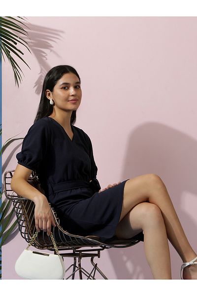Kotty By Styli V Neck Puff Sleeves A-Line Mini Dress