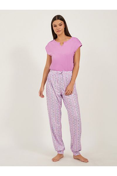 Styli Solid Gathered Shoulder Top and Printed Cuffed Pyjama Set