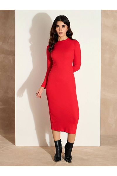 Sassafras By Styli Rib Bodycon Long Sleeves Midi Dress