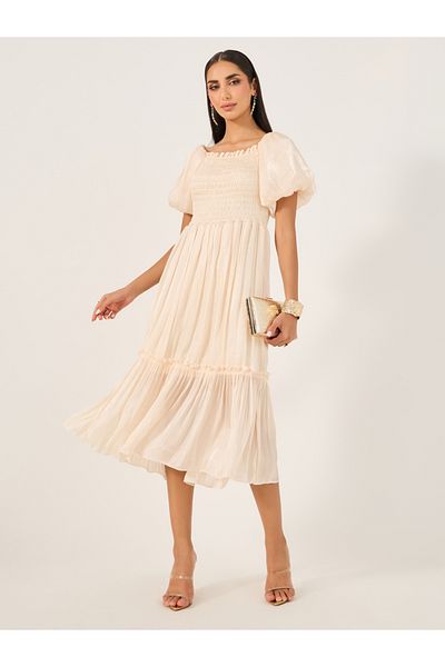 Styli Smocked Detail Puff Sleeves A-Line Midi Dress