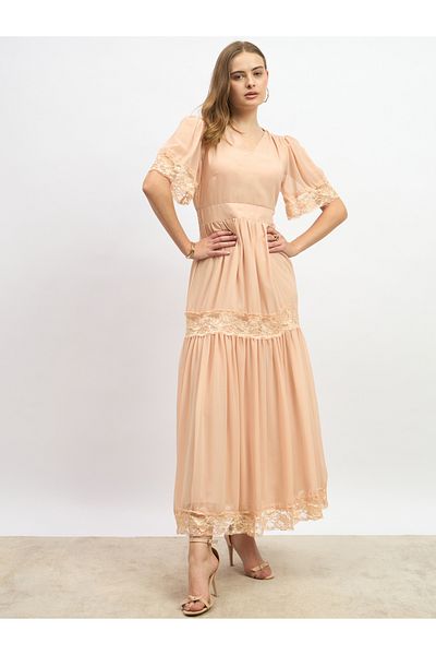 Styli Plain Flared Sleeves Tiered Maxi Dress with Lace Trim