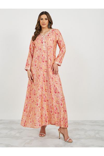 Styli Printed Embroidered V-Neck A-Line Jalabyia