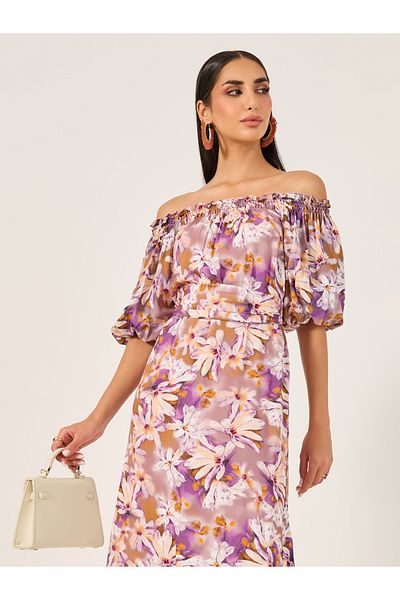 Styli Floral Print Off Shoulder Aline Midi Dress
